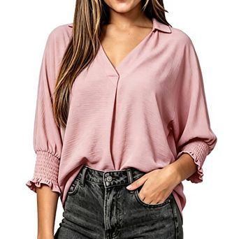 Women's V Neck Blouse - 3/4 Sleeve Smocked Cuff Loose Fit Casual Flowy Tunic Shirt