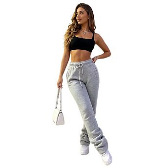 Women Fleece Lined Drawstring Slouch Stacked Pants Solid Color Casual Loose Straight Leg Trousers