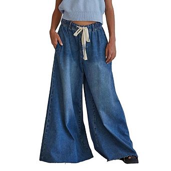 Women's Vintage Drawstring Elastic Waist Jeans Trendy Wide Leg Long Pants With Pockets