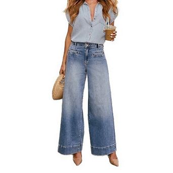 Women's Retro High Waist Wide Leg Jeans Loose Straight Leg Long Denim Pant With Front Patch Pockets