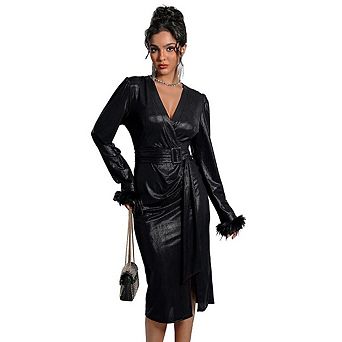 Women Long Sleeve Deep V Wrap Midi Dress High Slit Belted Party Evening Dress