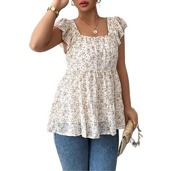 Women Square Neck Ruffle Cap Sleeve Floral Print Waist Tie Peplum Blouse Top
