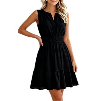 Women's Sleeveless Split V Neck Tiered Mini Dress Smocked Waist With Pockets Casual Vacation Wear