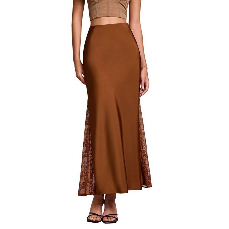 Women Elegant High Waist Satin Midi Skirt, Side Lace Bodycon Long