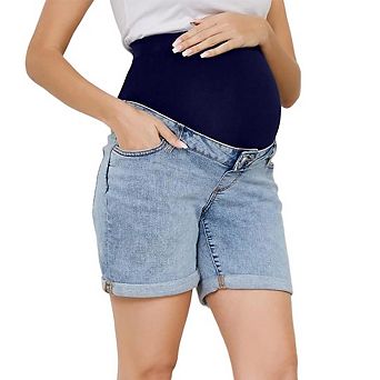Women Maternity High Waist Over The Belly Shorts Stretchy Cuffed Hem Denim Shorts With Side Pockets