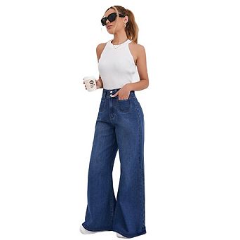 Women's Stretchy High Waist Floor-Length Jeans Trendy Double Button Wide Leg Jeans With Pockets