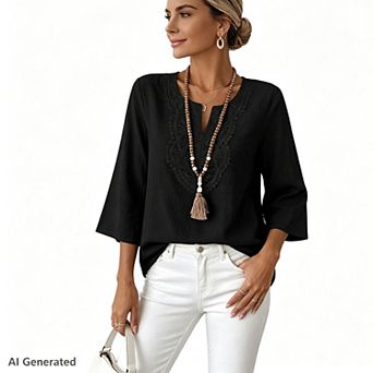 Women Linen Blend V Neck Blouse Lace Embroidery 3/4 Sleeve Loose Casual Tunic Top