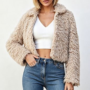 Women's Lapel Fuzzy Fleece Cropped Jacket Open Front Long Sleeve Crop Coat Winter Outerwear