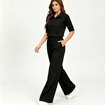 Women Polo Collar Half Sleeve Top & Wide Leg Pants 2 pc Casual Outfit Set
