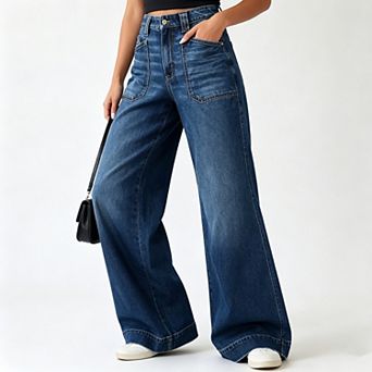 Women High Waist Contrast Front Pocket Wide Leg Vintage Wash Denim Jeans