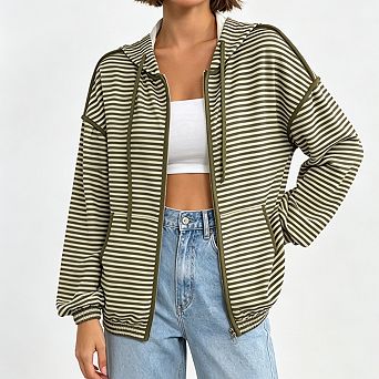 Women Striped Full Zip Hoodie Long Sleeve Elastic Cuff Loose Fit Kangaroo Pocket Casual Jacket