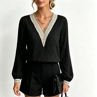 Women Wave Embossed Textured V-Neck Lace Trim Lantern Long Sleeve Casual Blouse