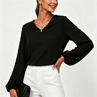 Women V Neck Spliced Swiss Dot Lantern Long Sleeve Blouse Bubble Cuff Casual Top