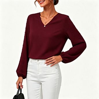 Women V Neck Spliced Swiss Dot Lantern Long Sleeve Blouse Bubble Cuff Casual Top