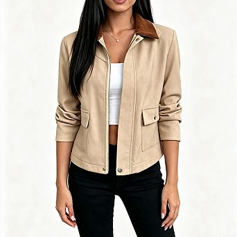 Women Corduroy Contrast Collar Cropped Jacket Zip Front Snap Button Long Sleeve Casual Outerwear