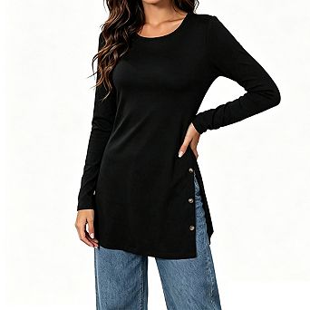 Women Crew Neck Long Sleeve Tunic Top Side Slit Button Slim Fit Casual Blouse