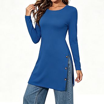 Women Crew Neck Long Sleeve Tunic Top Side Slit Button Slim Fit Casual Blouse