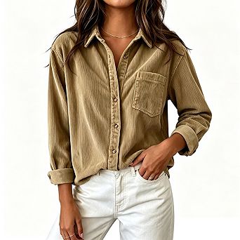 Women Collared Corduroy Button Down Shirt Long Sleeve Relaxed Fit Pocket Casual Oversized Blouse