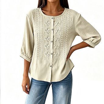 Women Round Neck Three Quarter Puff Sleeve Blouse Embroidery Front Button Loose Fit Casual Shirt