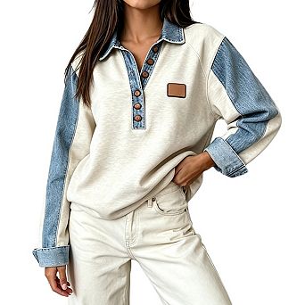 Womens Collared Half Button Long Sleeve Denim Spliced Loose Fit Casual Pullover Top