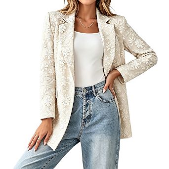 Women's Lapel Long Sleeve Single Button Floral Relaxed Mid Length Blazer Jacket