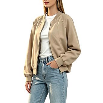 Women's Zip Up Raglan Long Sleeve Bomber Jacket Relaxed Fit Knit Casual Daily Layering Coat