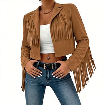 Women Suede Fringe Cropped Jacket Lapel Long Sleeve Open Front Western Coat