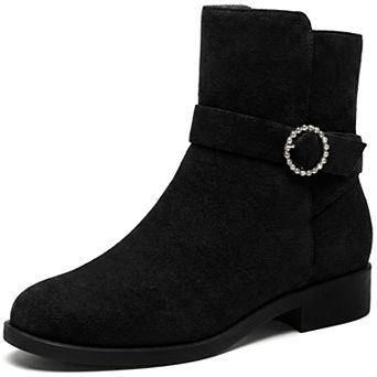 Women's Round Toe Rhinestone Buckle Low Block Heel Flat Short Ankle Boots