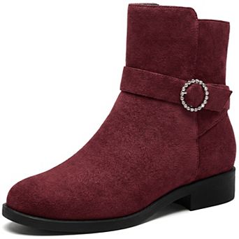 Women's Round Toe Rhinestone Buckle Low Block Heel Flat Short Ankle Boots