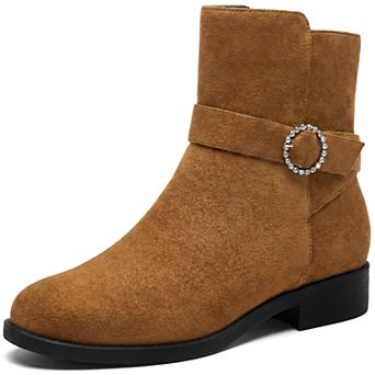 Women's Round Toe Rhinestone Buckle Low Block Heel Flat Short Ankle Boots