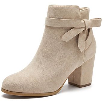 Women's Round Toe Block Heel Ankle Booties Knotted Strap Side Zipper Boots