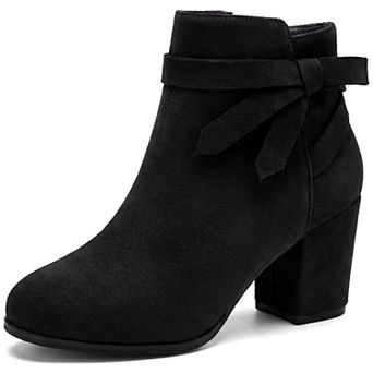 Women's Round Toe Block Heel Ankle Booties Knotted Strap Side Zipper Boots