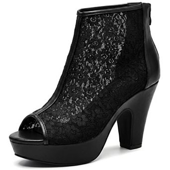 Women's Lace Peep Toe Platform Chunky Heel Ankle Boots