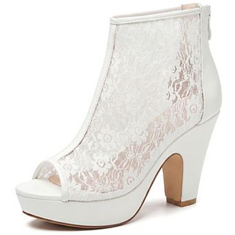 Women's Lace Peep Toe Platform Chunky Heel Ankle Boots
