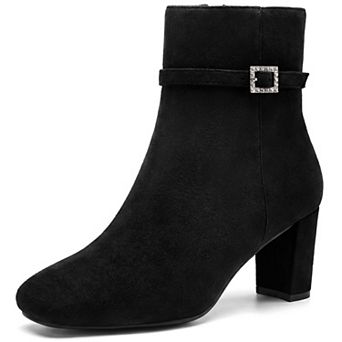 Women's Square Toe Block Heel Ankle Booties Rhinestone Buckle Strap Side Zipper Boots
