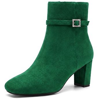 Women's Square Toe Block Heel Ankle Booties Rhinestone Buckle Strap Side Zipper Boots