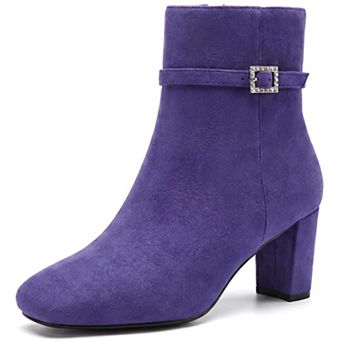 Women's Square Toe Block Heel Ankle Booties Rhinestone Buckle Strap Side Zipper Boots
