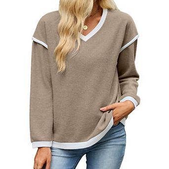 Women Knitted Knit Crewneck Contrast Binding Long Sleeve Base Sweater