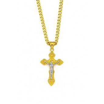 RMZ GOLD NYC 18K Gold Plated Two-Tone Crucifix Pendant with 24" Cuban Chain