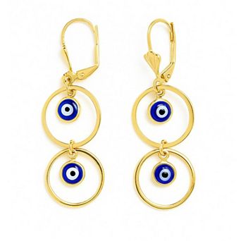 RMZ GOLD NYC Gold Double Hoop Evil Eye Dangle Earrings Protective & Stylish Statement Jewelry