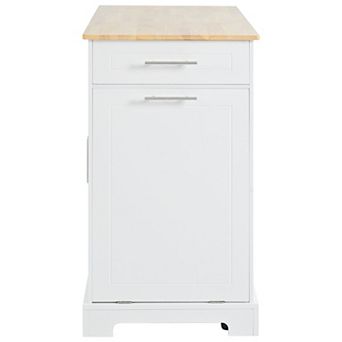 Trikiousd Rolling Kitchen Island On 5 Wheels with Trash Can Storage Cabinet, Power Outlet, 3 Drawers