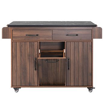 Trikiousd Rolling Kitchen Island Cart w/ Trash Can Storage Cabinet, Drop Leaf, Spice Rack, Drawer