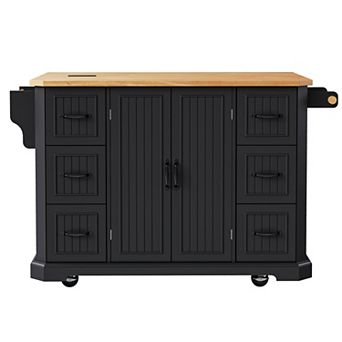 Trikiousd Kitchen Island w/6 Drawers, Drop Leaf, Power Outlet, 55.5"Rolling Kitchen Cart on 4 Wheels