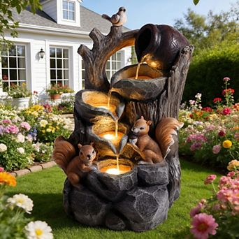 Pnronnc Squirrel Waterfall with Lights Waterfall Garden Decor Patio Water Fountain