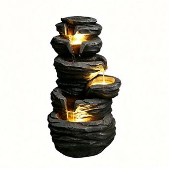Pnronnc Outdoor Stone-effect Rock Water Fountain wLights, Cascading Waterfall Resin Garden Fountain