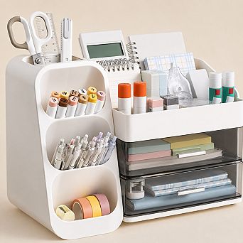 Desk Organizer with Pen Holder, 2 Drawers 4 Compartments Desktop Storage for Office Home School