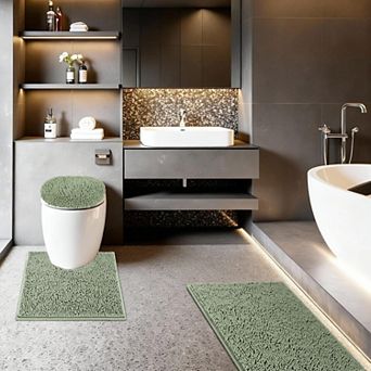 3 pc Soft Chenille Bathroom Rug Set Non Slip Absorbent Washable