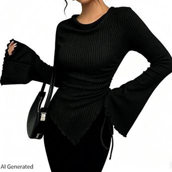 Women Notch Neck Front Pleated Blouse 3/4 Sleeve Button Down Loose Fit Lightweight Casual Shirt