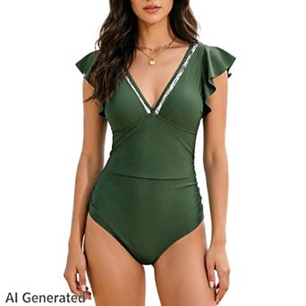 Womens Ruffle Sleeve One Piece Swimsuit Tummy Control Lace v Neck Bathing Suits Slimming Swimwear