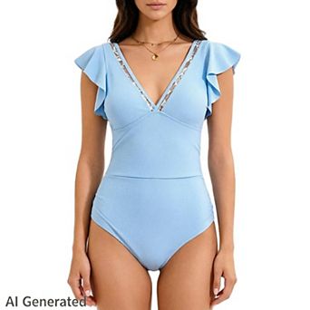 Womens Ruffle Sleeve One Piece Swimsuit Tummy Control Lace v Neck Bathing Suits Slimming Swimwear